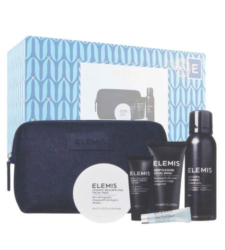 Elemis The First-Class Grooming Edit​ dárková sada pro muže pěnivý gel na holení 100 ml + hloubkově čisticí gel 50 ml + peelingové pleťové tamponky 14 ks + krém na obličej 15 ml + krém na oční okolí 4 ml + kosmetická taška