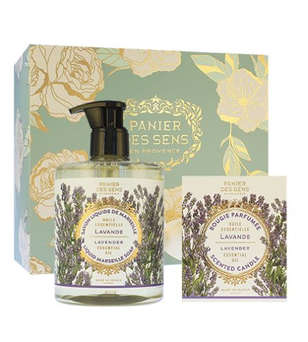 Panier Des Sens Relaxing Lavender dárková sada tekuté mýdlo 500 ml + vonná svíčka 180 g