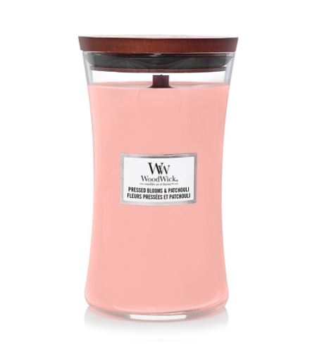 WoodWick Pressed Blooms & Patchouli vonná svíčka s dřevěným knotem 609,5 g