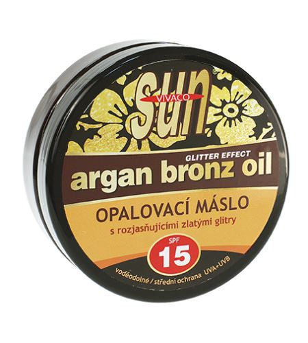 Vivaco SUN Argan Bronz Oil opalovací máslo s rozjasňujícími zlatými glitry SPF 15 200 ml