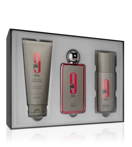Afnan 9 PM Rebel dárková sada unisex parfémovaná voda 100 ml + deosprej 150 ml + sprchový gel 150 ml