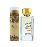 Lattafa Mahasin Crystal dárková sada pro ženy parfémovaná voda 100 ml + deospray 50 ml (1)