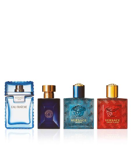 Versace Miniatur Set dárková sada pro muže toaletní voda Man Eau Fraîche 5ml + toaletní voda Dylan Blue 5ml + toaletní voda Eros 5ml + parfémovaná voda Eros Flame 5ml