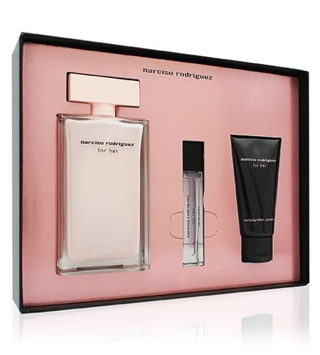 Narciso Rodriguez For Her 2024 dárková sada pro ženy parfémovaná voda 100 ml + tělové mléko 50 ml + parfémovaná voda 10 ml